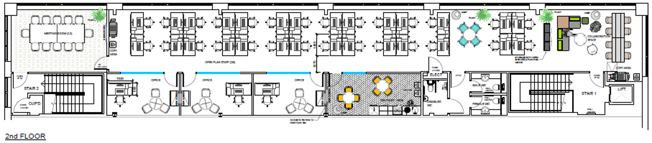 Floor plan section showing rows of desk clusters with circulation aisles, a small meeting pod, and storage/support area along one side of the floor.