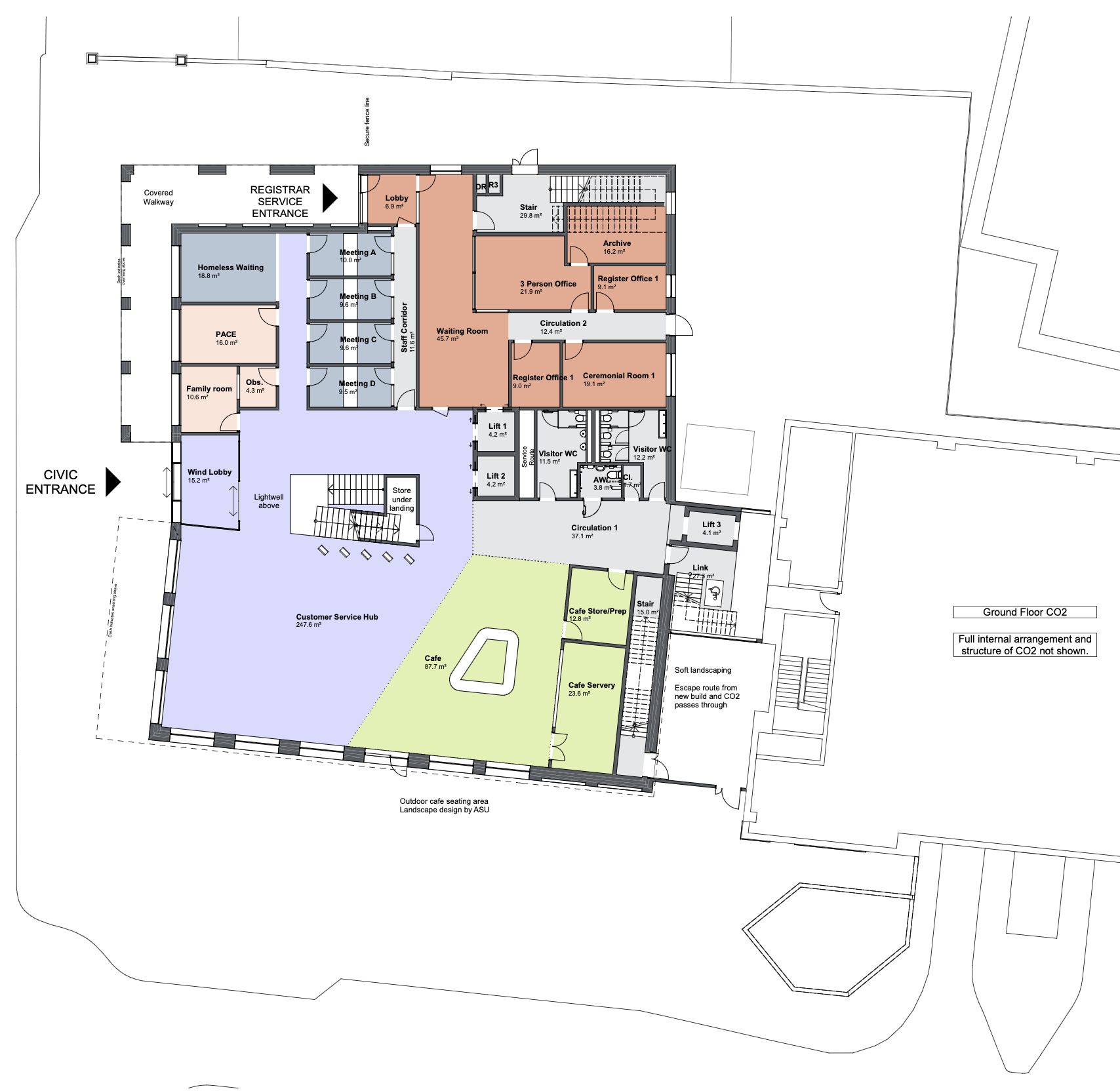 Colour-coded office floor plan highlighting a large open reception/atrium area in purple, staff and support rooms in orange, and a green multi-purpose zone, with food and telephone entrances marked.