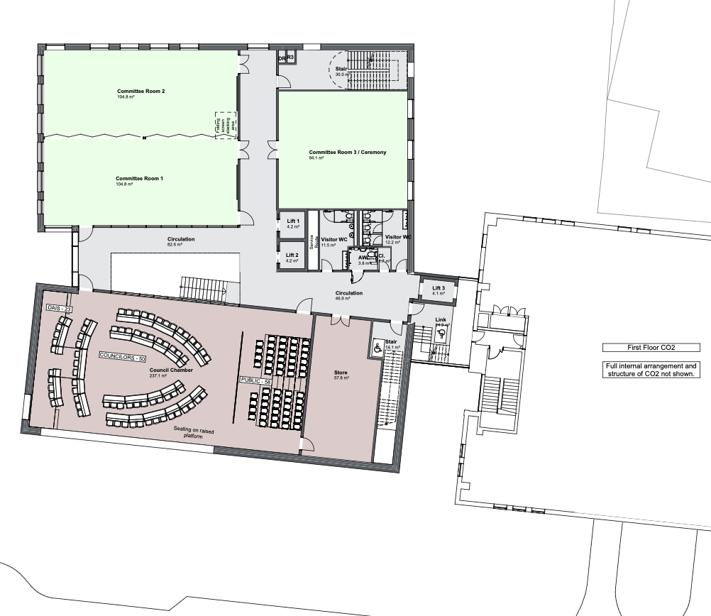 Floor plan showing two large green-shaded Collaboration Rooms at the top and a theatre-style seating layout in a pink-shaded area below, connected by a central corridor.
